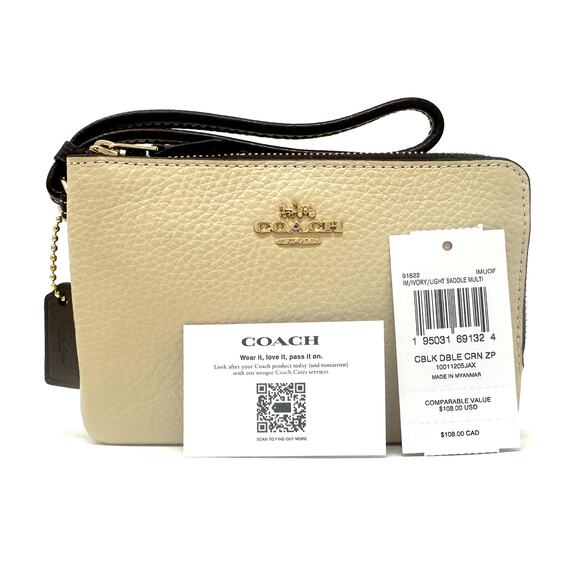 Coach Double Corner Zip Wristlet In Colorblock Ivory Light Saddle Leather 91622 - Picture 3 of 9